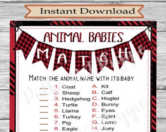 Lumberjack Buffalo Plaid Woodland Animal Babies Match Baby Shower Game - Natychmiastowe pobranie cyfrowe