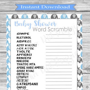 Bebé niño elefante azul y gris palabra scramble baby shower juego - Descarga digital instantánea
