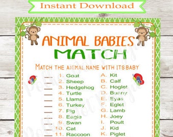 Safari Cute Jungle Animals Baby Animals Match Game Baby Shower Game Party Game - Instant Download