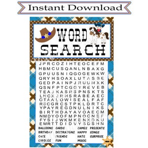 Cowboy Western Word Search Game Birthday Party Wedding Shower Baby Shower Instant Digital Printable Download