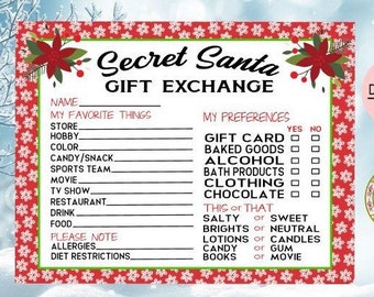 Secret Santa Questionnaire Secret Santa Sign up Sheet Etsy