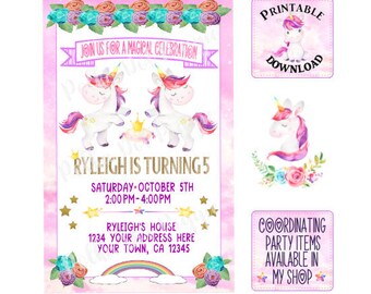 Magical Rainbow Unicorn Personalized Birthday Party Invitation Floral Unicorn Printable Digital
