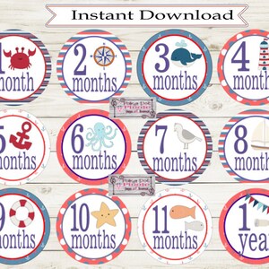 Nautical Ocean Beach Baby Monthly Milestone Stickers - Instant Digital Download
