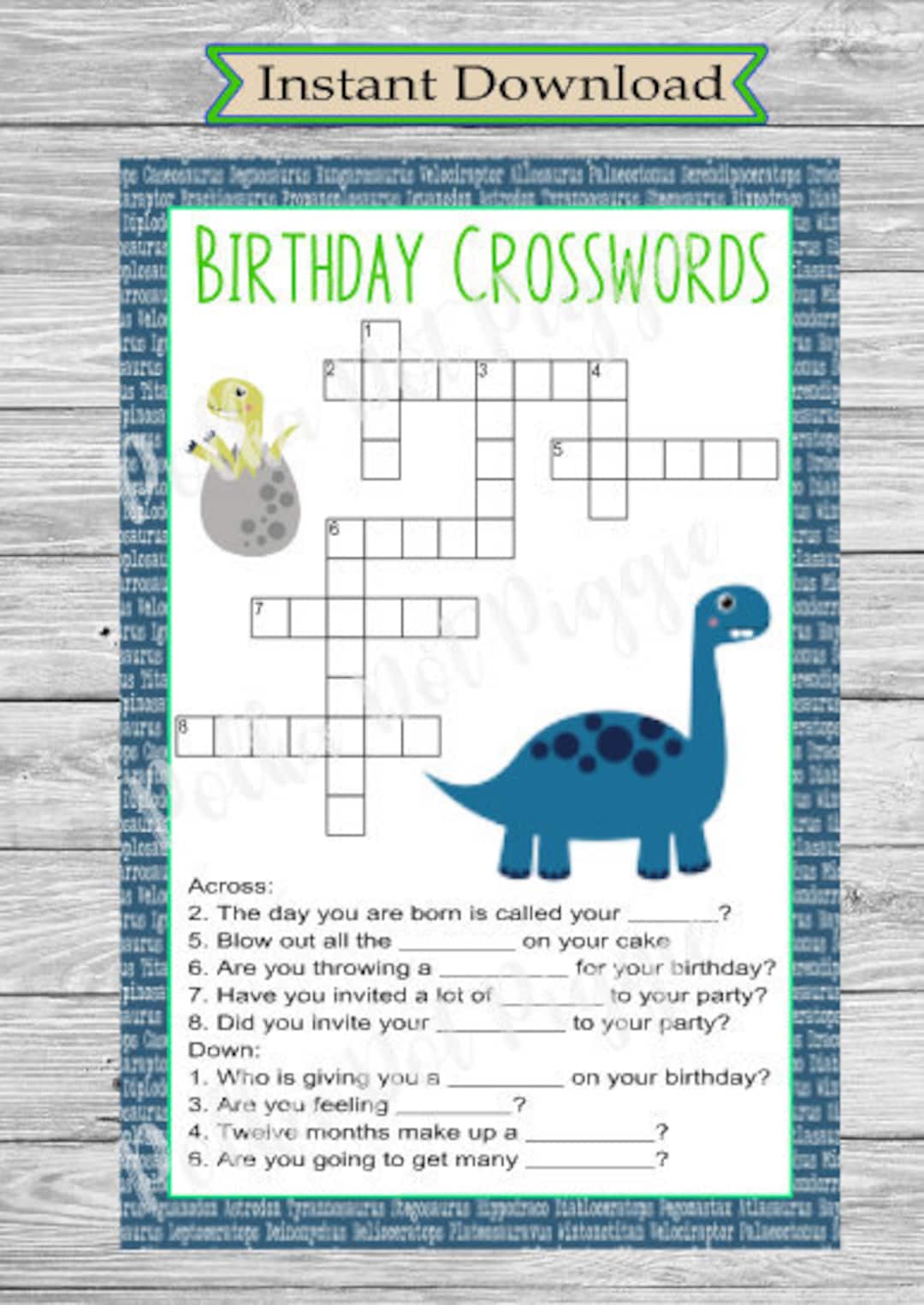 Dinosaur Birthday Party Crossword Puzzle Digital Instant Download Printable Game Etsy