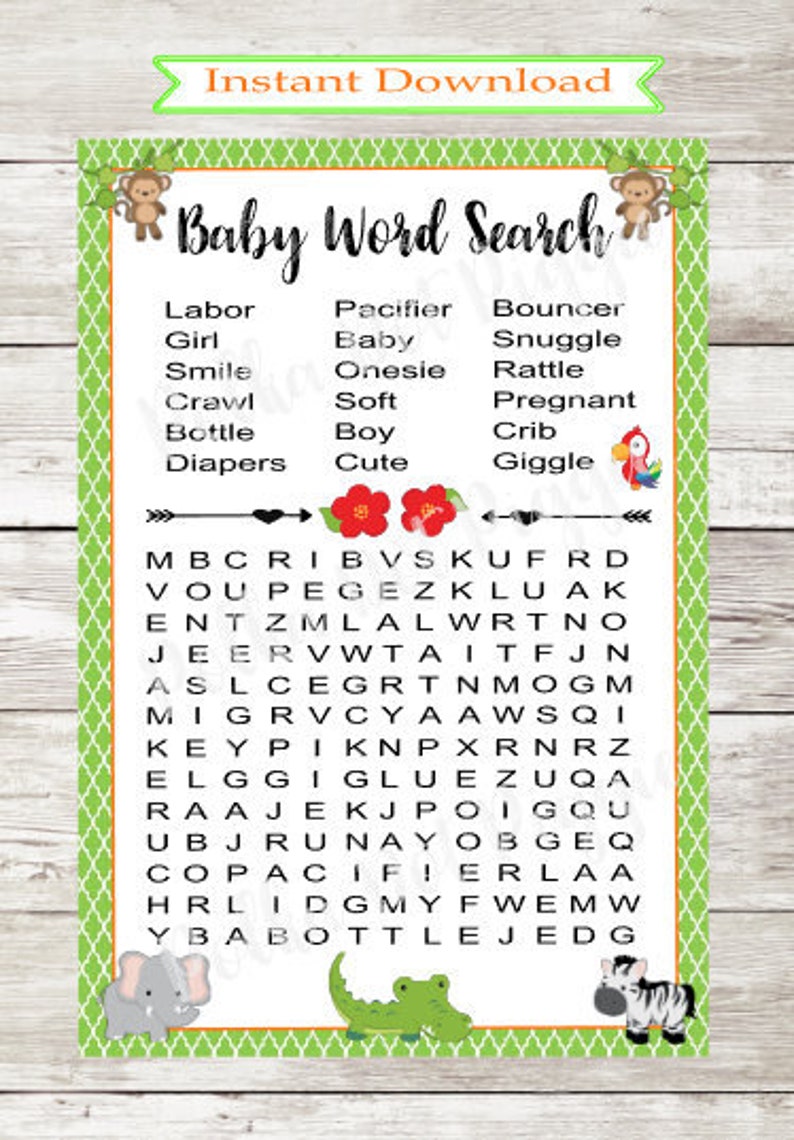 safari cute jungle animals baby shower word search etsy
