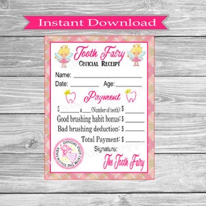 Tooth Fairy Receipt for Girl Instant Digital Download