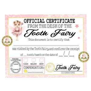 Tooth Fairy Certificate First Tooth Lost Tooth for Girl Instant Digital Download