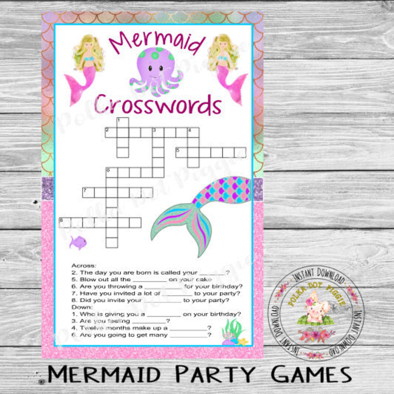 Mermaid Under the Sea Crossword Puzzle Games Birthday Bachelorette