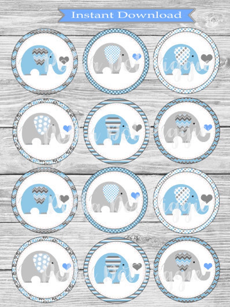 Baby Boy Elephant Blue and Grey Cupcake Toppers Instant Digital Download image 1