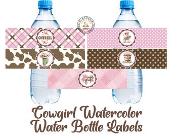 Etiquetas para botellas de agua con temática vaquera de acuarela - Descarga digital instantánea para fiestas de cumpleaños, bodas, despedidas de soltera y baby shower