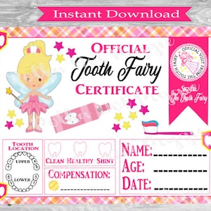 Tooth Fairy Certificate First Tooth Lost Tooth for Girl Instant Digital Download