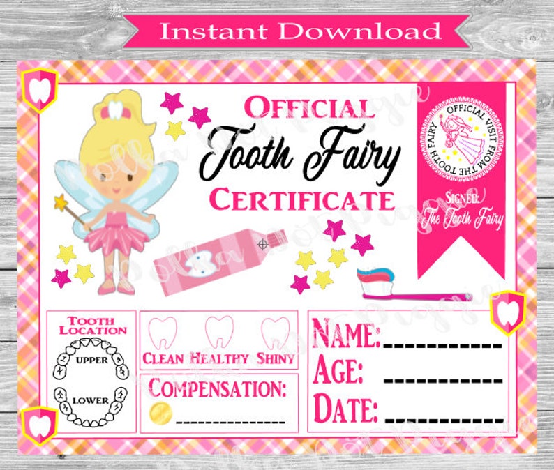 Tooth Fairy Certificate First Tooth Lost Tooth For Girl Instant Digital