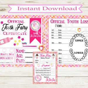 Mädchen Zahnfee Kit Dark Hair Girl beinhaltet verlorene Zahn Tracker/Zahnfee Zertifikat/Quittung - Digital Printable Instant Download