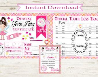 Girl Tooth Fairy Kit Dark Hair Girl Includes Lost Tooth Tracker/Tooth Fairy Certificate/Receipt - Digital Printable Instant Download