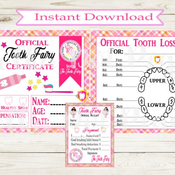 Girl Tooth Fairy Kit Dark Hair Girl Includes Lost Tooth Tracker/Tooth Fairy Certificate/Receipt - Digital Printable Instant Download