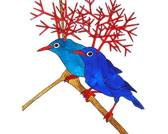 Two blue birds with red horns.