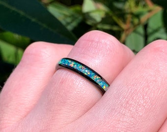 Fiery Raw Opal Ring Rainbow Opal Wedding Band Tungsten Women's Wedding Ring Fire Opal Ring Black Opal Wedding Ring Opal Engagement Ring Her