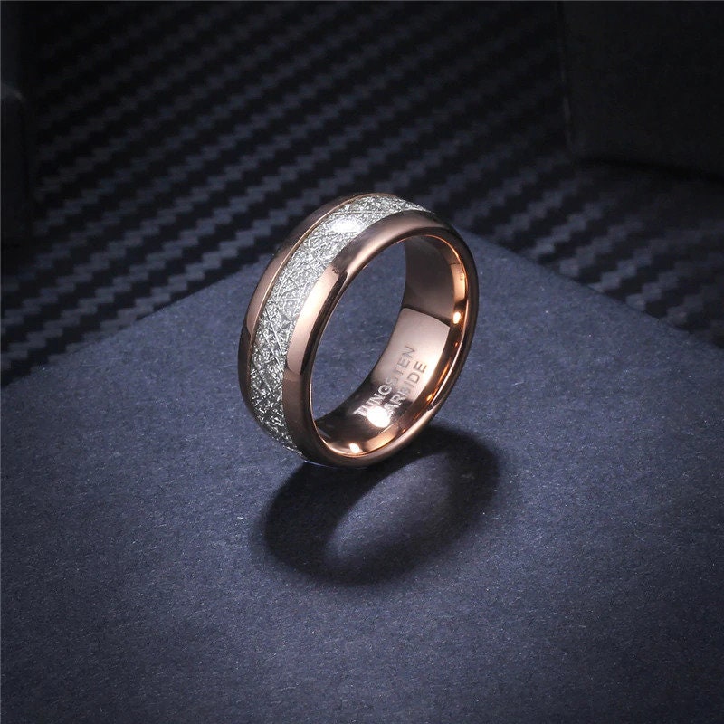 Rose Gold Meteorite Ring Tungsten Wedding Ring Mens