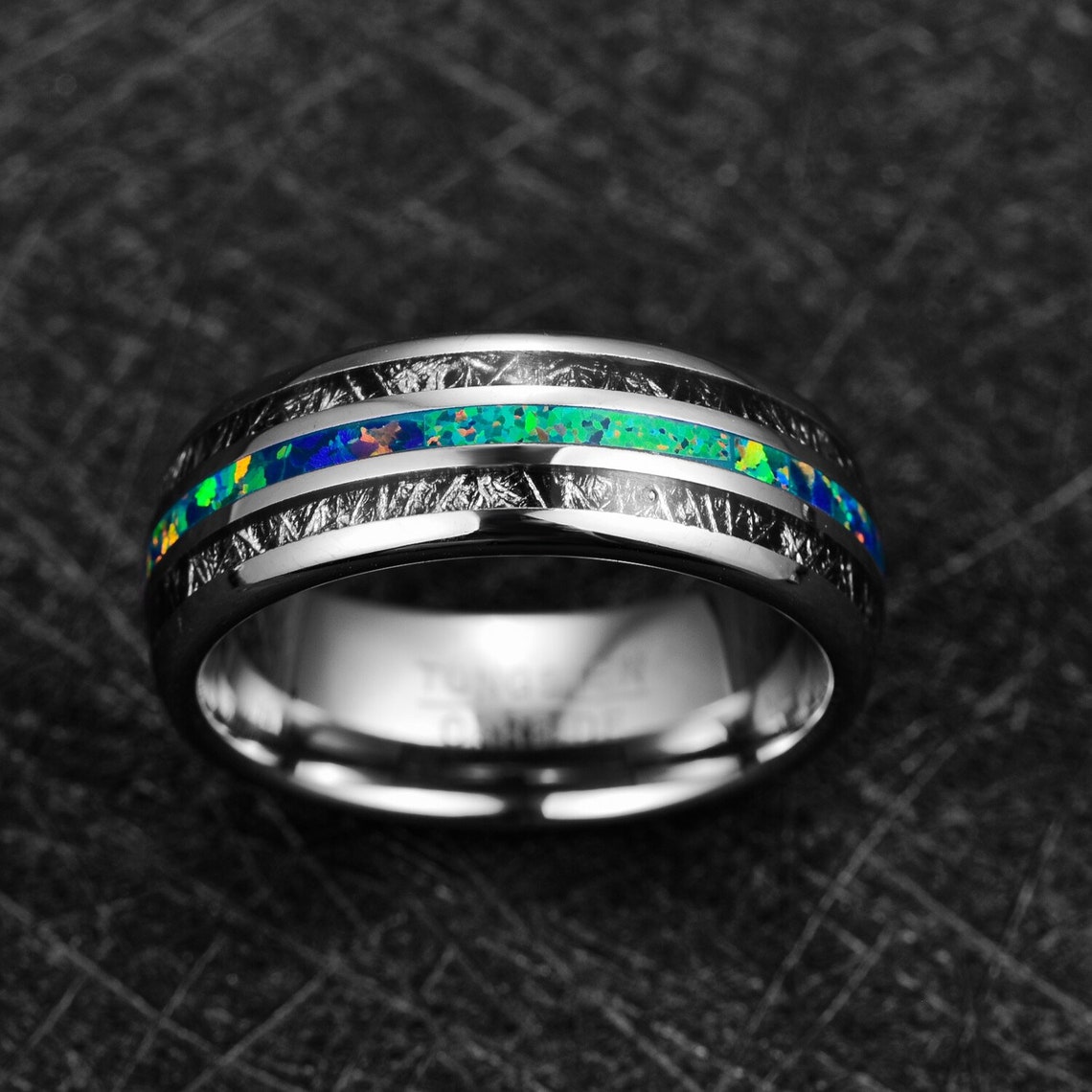 Silver Tungsten Wedding Band Opal Ring Meteorite Inlay Etsy