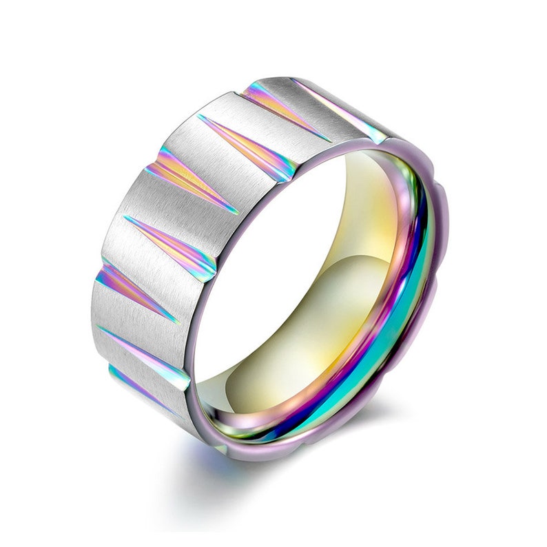 Colorful Crystal Gemstone Ring Grooved Metallic Rainbow Hematite 8mm Band Men/'s Titanium Silver Iridescent Ring Promise Ring