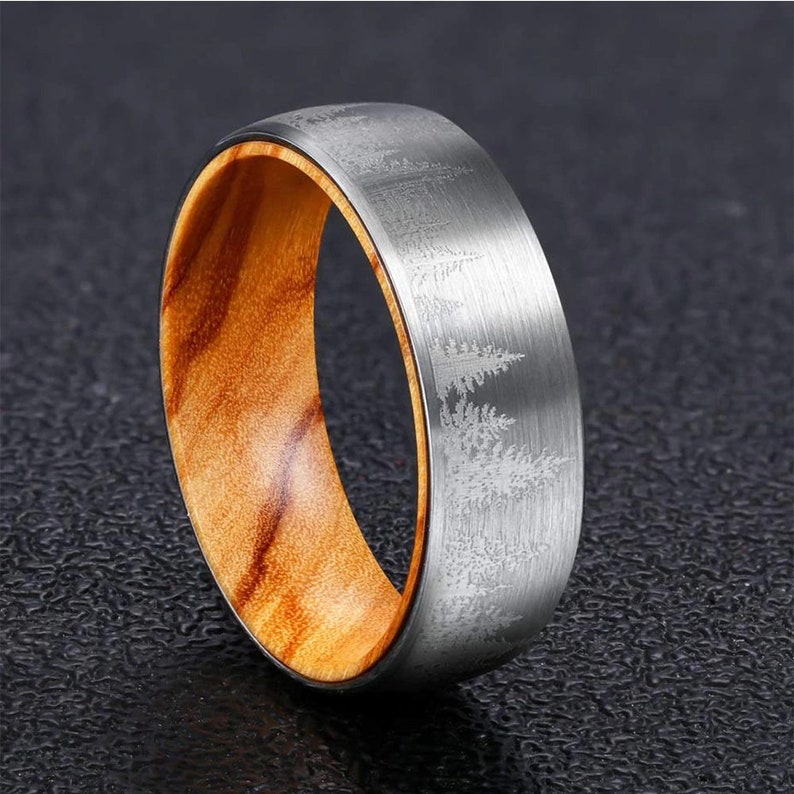 Tungsten Forest Ring Forest Landscape Ring Tungsten Wedding Band Forest Ring Mens Wooden Ring Mens Wedding Band Promise Silver Tungsten Ring