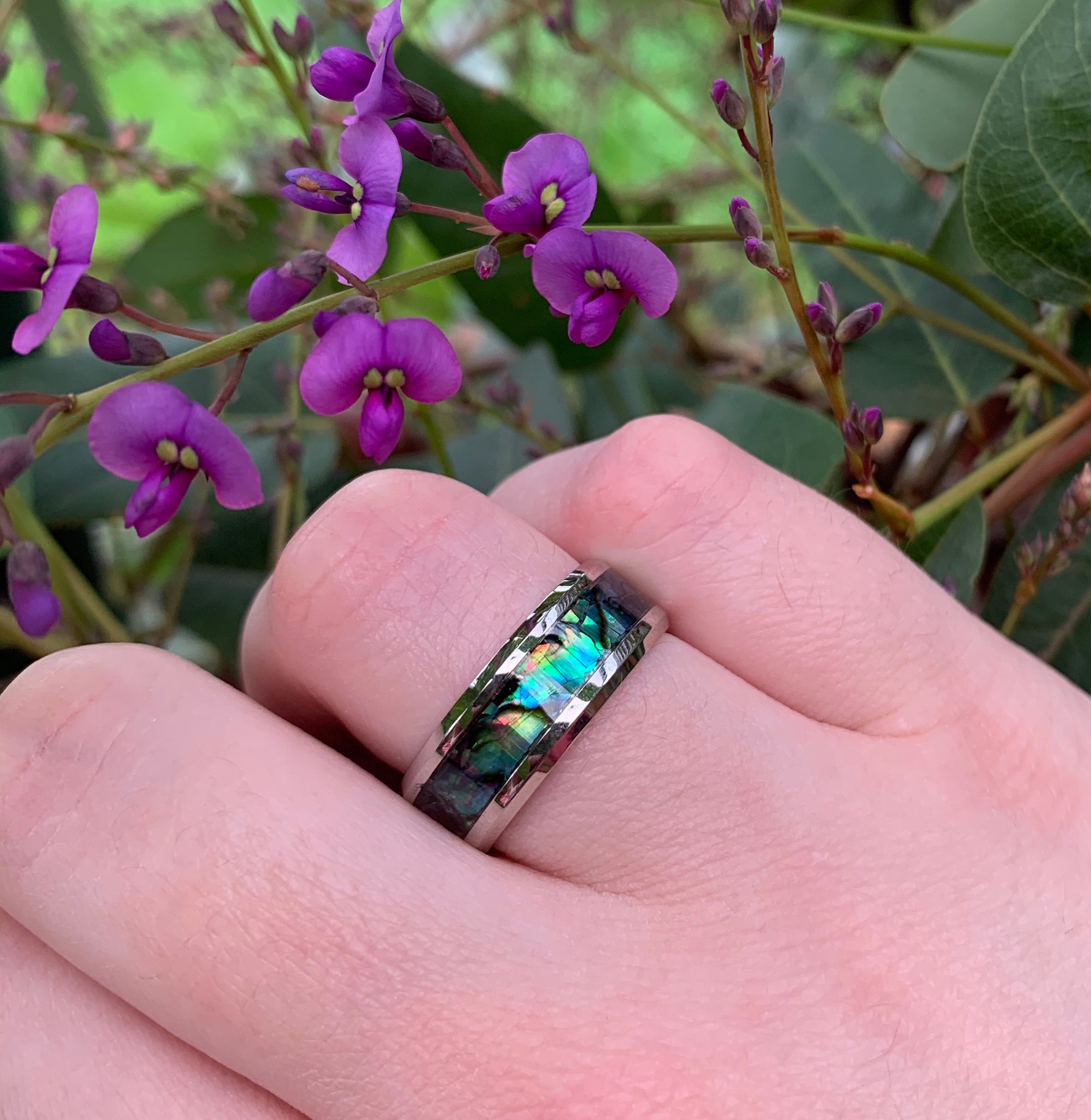 Retro Mens 316L Stainless Steel Flower Patterned Purple Sand Stones Band Ring Retro Mens 316L Stainless Steel Flower Patterned Purple Sand Stones Band Ring