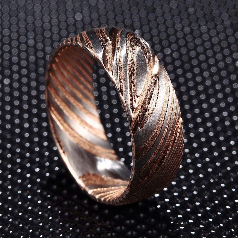 Rose Gold Damascus Steel Ring 8mm Mens Ring Rose Gold Wedding Band Mens Wedding Band Stainless Steel Wedding Band Mens Stainless Steel Ring