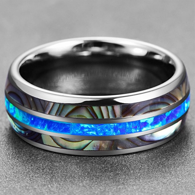 Abalone & Opal Ring Tungsten Wedding Band Mens Engagement