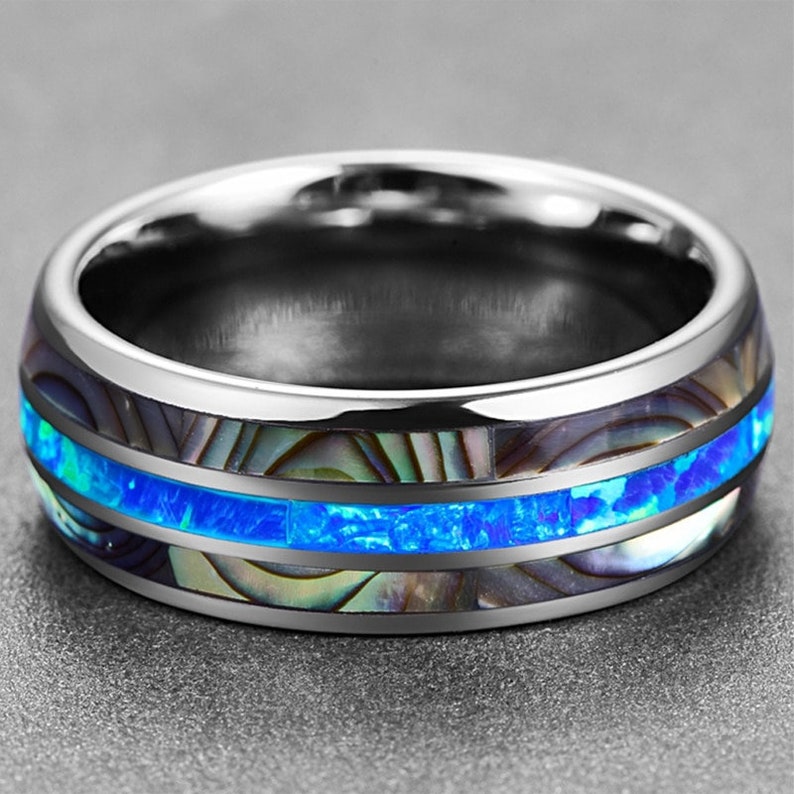 Abalone & Opal Ring Tungsten Wedding Band Mens Engagement Ring Etsy