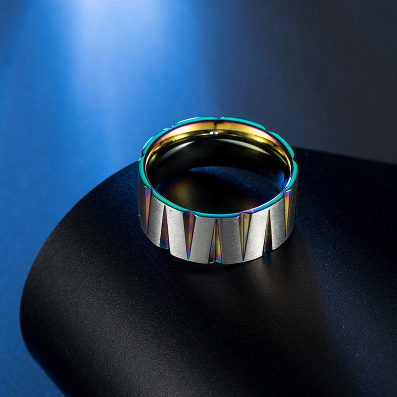 Colorful Crystal Gemstone Ring Grooved Metallic Rainbow Hematite 8mm Band Men/'s Titanium Silver Iridescent Ring Promise Ring
