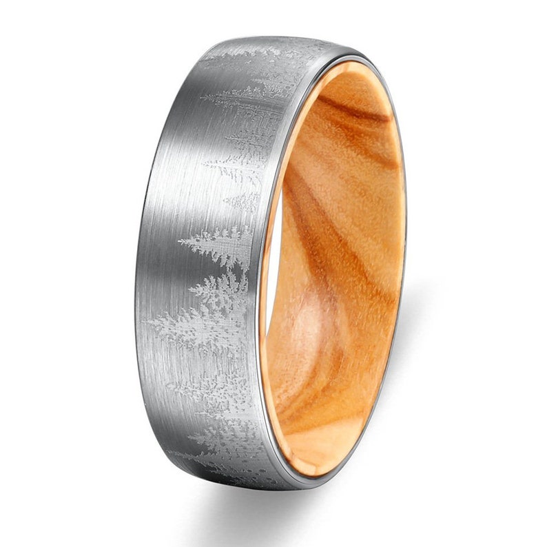 Tungsten Forest Ring Forest Landscape Ring Tungsten Wedding Band Forest Ring Mens Wooden Ring Mens Wedding Band Promise Silver Tungsten Ring