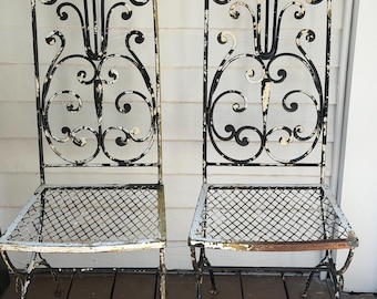 PAIR of Vintage SALTERINI Umanoff Style Iron Scroll Back Dining Side Chairs