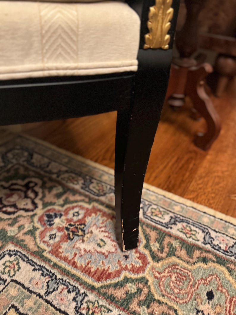 Puede incluir: Primer plano de una pata de silla negra con detalles dorados. La silla tiene un asiento color crema con un dise&ntilde;o estampado. La pata se apoya en una alfombra estampada con tonos rojos, verdes y beige.