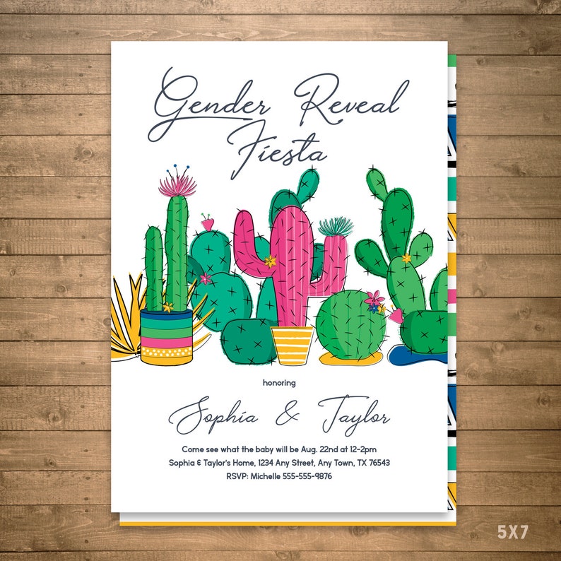succulent cactus themed Gender Reveal Fiesta invitation printed invitations min order of 20