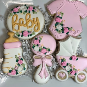 Baby In Bloom Shower Cookies, Baby Girl Gold and Pink Baby Shower Cookies, Party Favors