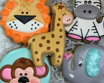 Zoo Animal Decorated Sugar Cookies, Baby Shower Cookies, Shower Favors