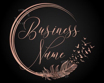 Feather logo, boutique logo, fashion logo, beauty logo, photography logo, rose gold feather with flying birds logo, vector branding identity