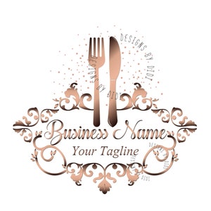 Rose Gold Restaurant Logo Design: Copper Fork & Knife (Digital File)