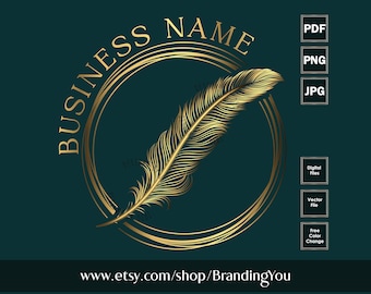 Feather Logo: Gold Round Watermark, Boutique Branding (Digital Files)