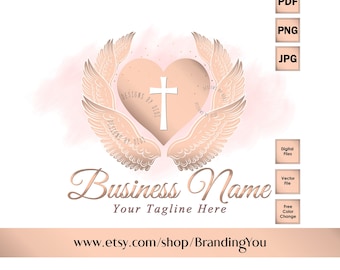 Christian Logo, Angel wings cross logo design, angelic logo, custom logo design, heart cross wings logo, holly angel pink gold logo design