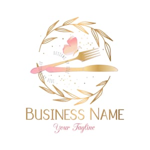 Restaurant logo, custom logo design, cooking logo, crown catering logo, food watermark logo, pink gold fork knife logo design, vector logo