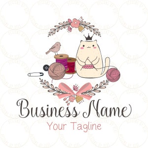 Cat bird crochet yarn logo, kitty sew knitting logo, cute sew crochet logo, crochet sewing knitting logo with cat bird, branding package