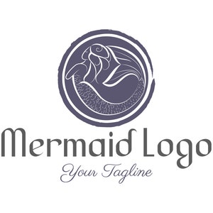 Mermaid logo, siren silhouette, water fantasy logo, minimal simple line art navy logo, round circle logo ocean, Nautical branding package