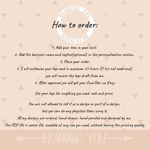 K&ouml;nnte beinhalten: Eine rosa und wei&szlig;e Grafik mit einem Kreis, der den Text "Branding You Designs by Didi" enth&auml;lt, sowie Anweisungen, wie man ein individuelles Logo bestellt. Der Text sagt, dass man den Artikel in den Warenkorb legen, den Firmennamen und den Slogan hinzuf&uuml;gen, die Bestellung aufgeben soll, und dann wird der Designer das Logo innerhalb von 24 Stunden anpassen. Der Text sagt auch, dass das Logo in einer PDF-Datei geliefert wird, die auf jede Gr&ouml;&szlig;e skalierbar ist.