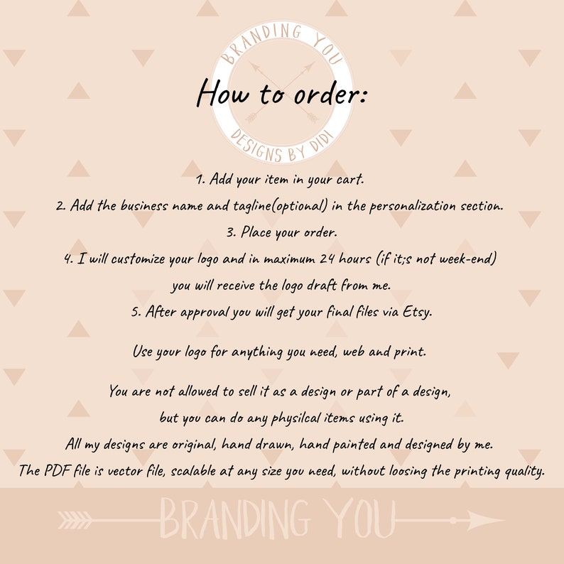 K&ouml;nnte beinhalten: Eine rosa und wei&szlig;e Grafik mit einem Kreis, der den Text "Branding You Designs by Didi" enth&auml;lt, sowie Anweisungen, wie man ein individuelles Logo bestellt. Der Text sagt, dass man den Artikel in den Warenkorb legen, den Firmennamen und den Slogan hinzuf&uuml;gen, die Bestellung aufgeben soll, und dann wird der Designer das Logo innerhalb von 24 Stunden anpassen. Der Text sagt auch, dass das Logo in einer PDF-Datei geliefert wird, die auf jede Gr&ouml;&szlig;e skalierbar ist.