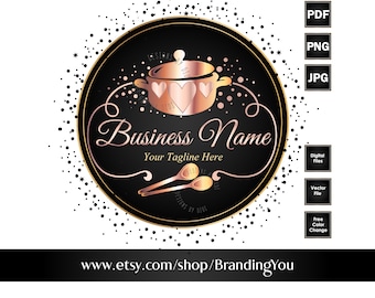 Peut inclure: Un logo noir et or avec un pot rose gold avec des cœurs et deux cuillères. Le texte "Business Name" et "Your Tagline Here" sont en écriture dorée. Le logo est entouré d'un cercle d'étoiles noires et dorées.