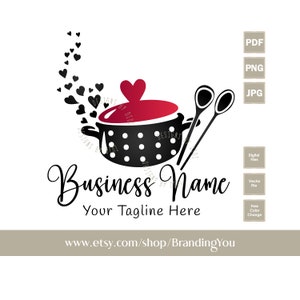 Può includere: Una pentola da cucina a pois neri e bianchi con un coperchio a forma di cuore rosso e due cucchiai neri. Cuori escono dalla pentola. Il testo "Business Name" e "Your Tagline Here" è sotto la pentola.
