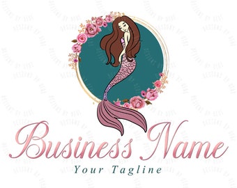 Mermaid Logo Design with Florals | Feminine Boutique Branding | Custom Business Logo | Ocean Brand Digital Download