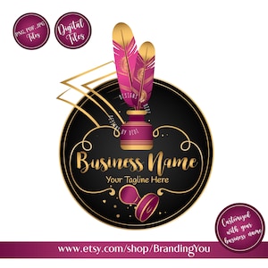 May include: A logo design featuring a black circle with gold accents and a magenta inkwell with two feathers. The text "Business Name" and "Your Tagline Here" are displayed. Additional text includes "PNG, PDF, JPG Files", "Digital Files", and "Customized with your business name".