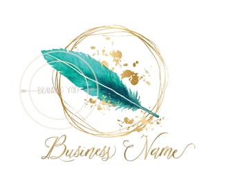 Feather Logo, Boutique Branding, Watercolor Splash (Digital Files)